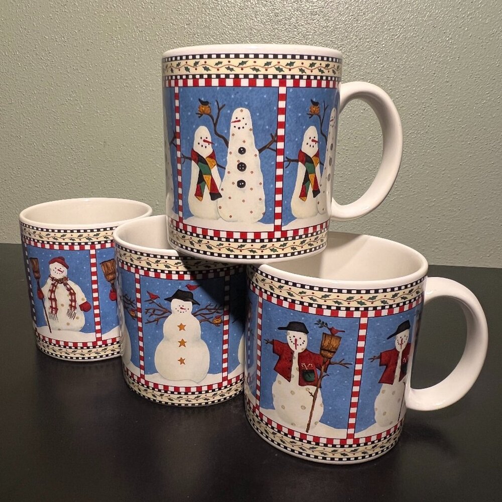 Set of 4 Vintage Sakura SNOWMAN Stoneware Mugs with Artwork by Debbie Mumm 1998